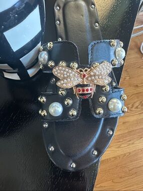 Black Embellished Slide Sandals with Pearl & Bee Accent size 40